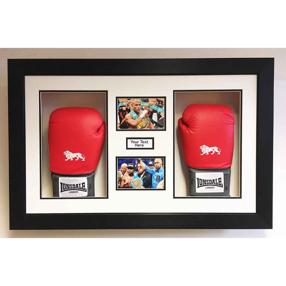 3D Box Frame Boxing Gloves Display Case For Floyd Mayweather 2x Signed Gloves With Title and 2x Photos