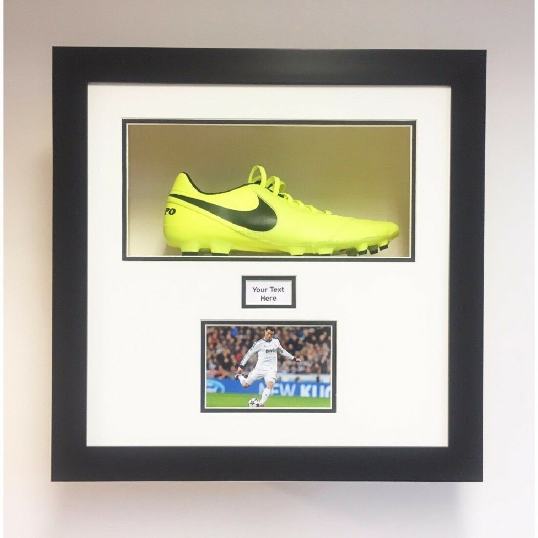 Frame Displays 1 football boot with Title and 1 Photo | White Mount Black Frame