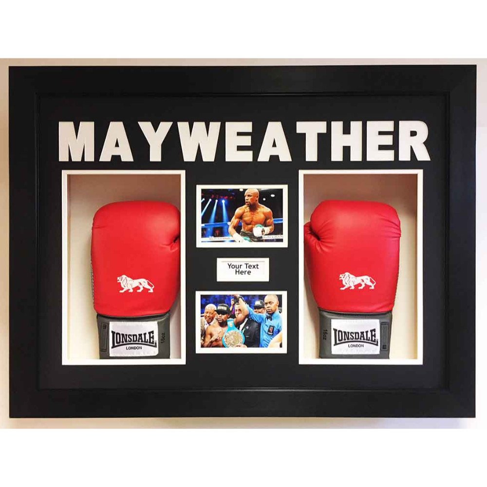 Boxing Glove Display Case for 2x Floyd Mayweather Signed Gloves with Custom 3D Text Free 2x Photo and Text included