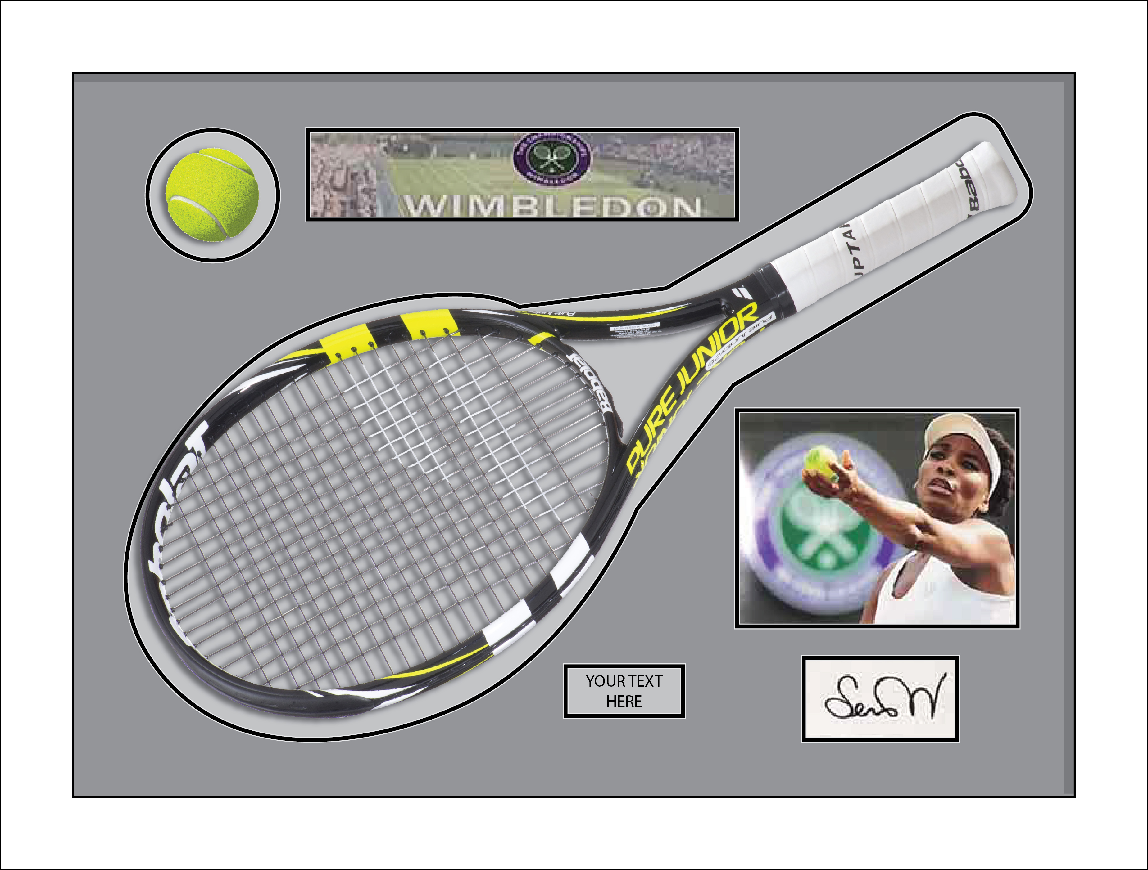 Serena Williams Tennis Memorabilia with tennis ball and bat display case