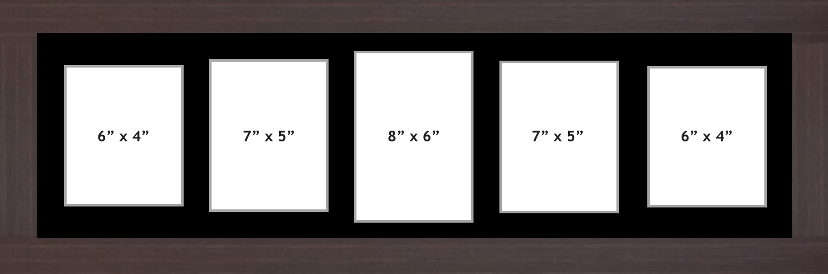 Multi Aperture picture frame fits 5 (1 x 8"x6", 2x7"x5", 2x6"x4") photos frames