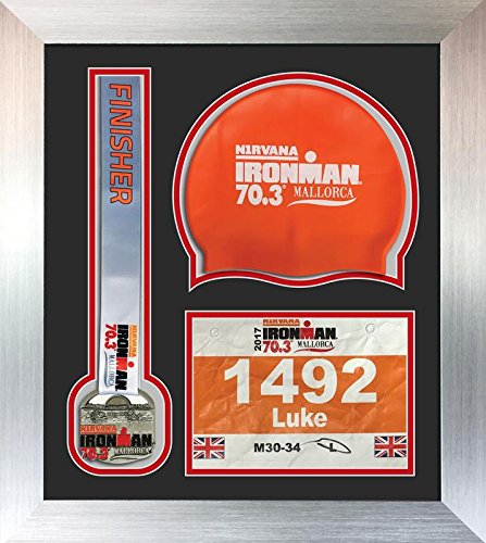 Ironman Staffordshire 70 3 triathlon marathon, running medal swimming caps display frame