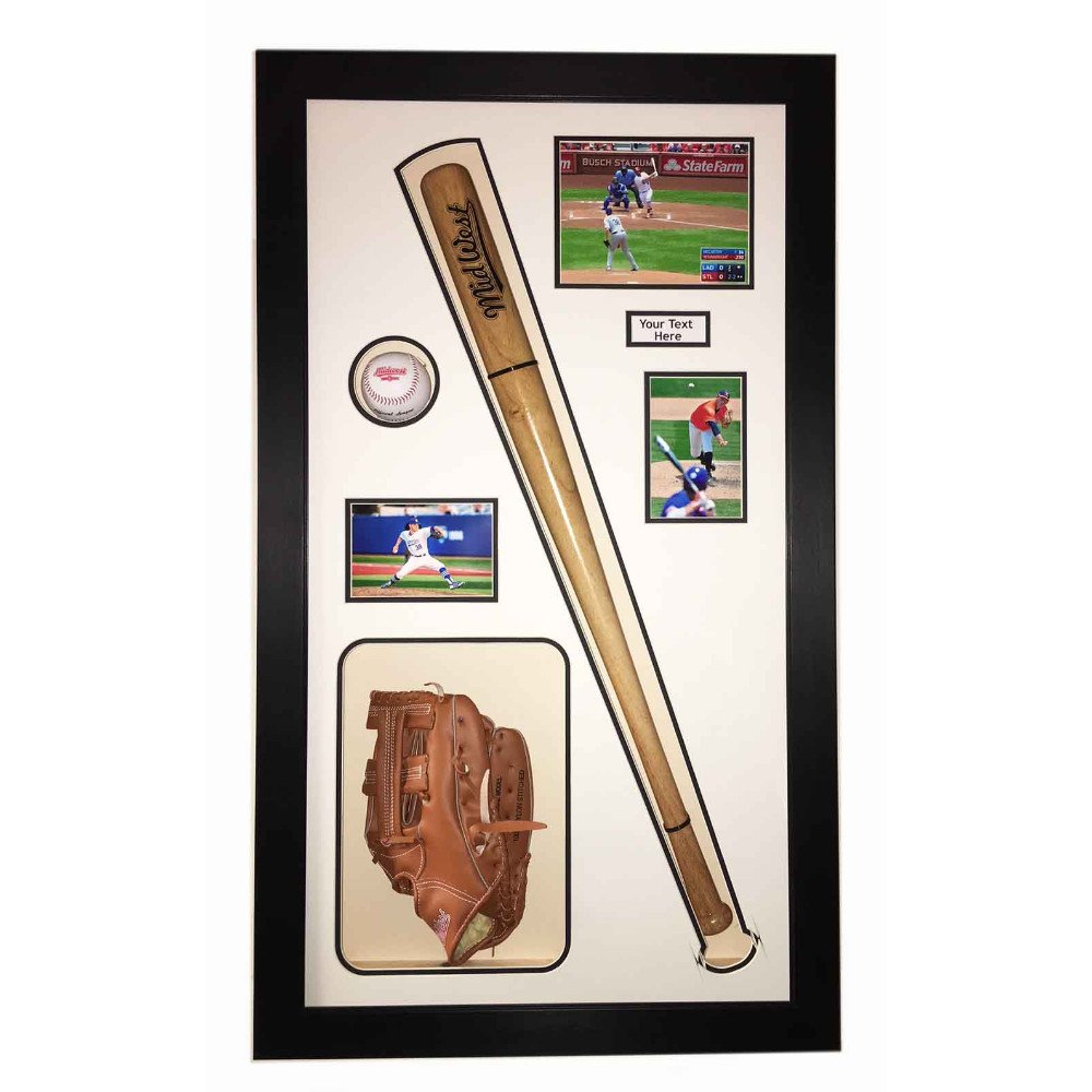 BASEBALL DISPLAY CASE FRAME FOR BASEBALL BAT, BALL AND GLOVES OR CAP – FREE PHOTOS AND TITLE INCLUDED