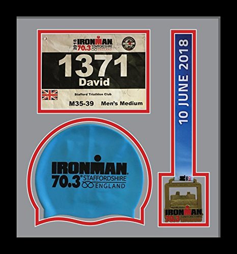 Ironman Staffordshire 70.3 triathlon marathon, running medal, swimming caps display frame