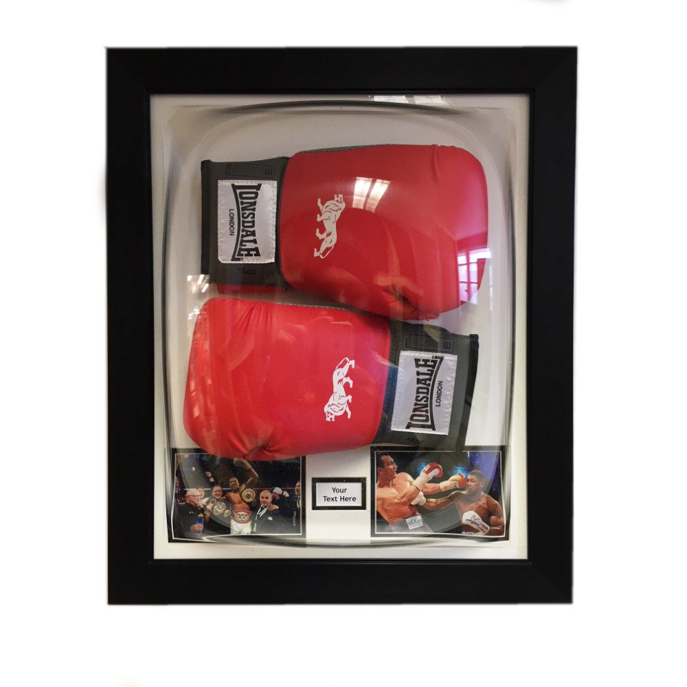 BOXING GLOVE ACRYLIC DISPLAY CASE FOR 2X SIGNED BOXING GLOVE MEMORABILIA DOME FRAME. FREE PHOTOS AND TITLE