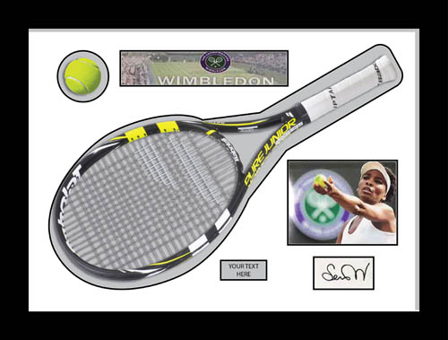 Serena Williams Tennis Memorabilia with tennis ball and bat display case