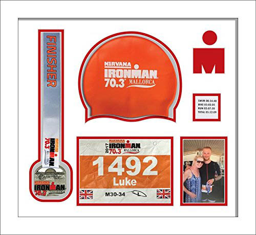 Ironman Staffordshire 70 3 triathlon marathon, running medal, swimming cap and photo display frame