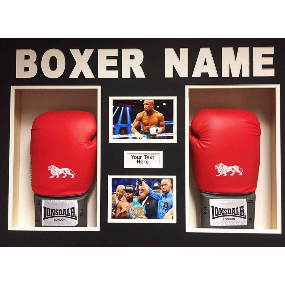 Boxing Glove Display Case for 2x Floyd Mayweather Signed Gloves with Custom 3D Text Free 2x Photo and Text included