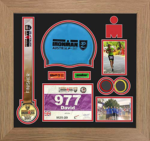Ironman Austria triathlon marathon, running medal swimming caps display frame