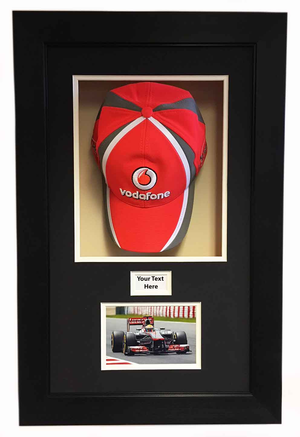 SPORTS MEMORABILIA/3D DISPLAY CASE FOR SIGNED F1 MCLAREN LEWIS HAMILTON CAP